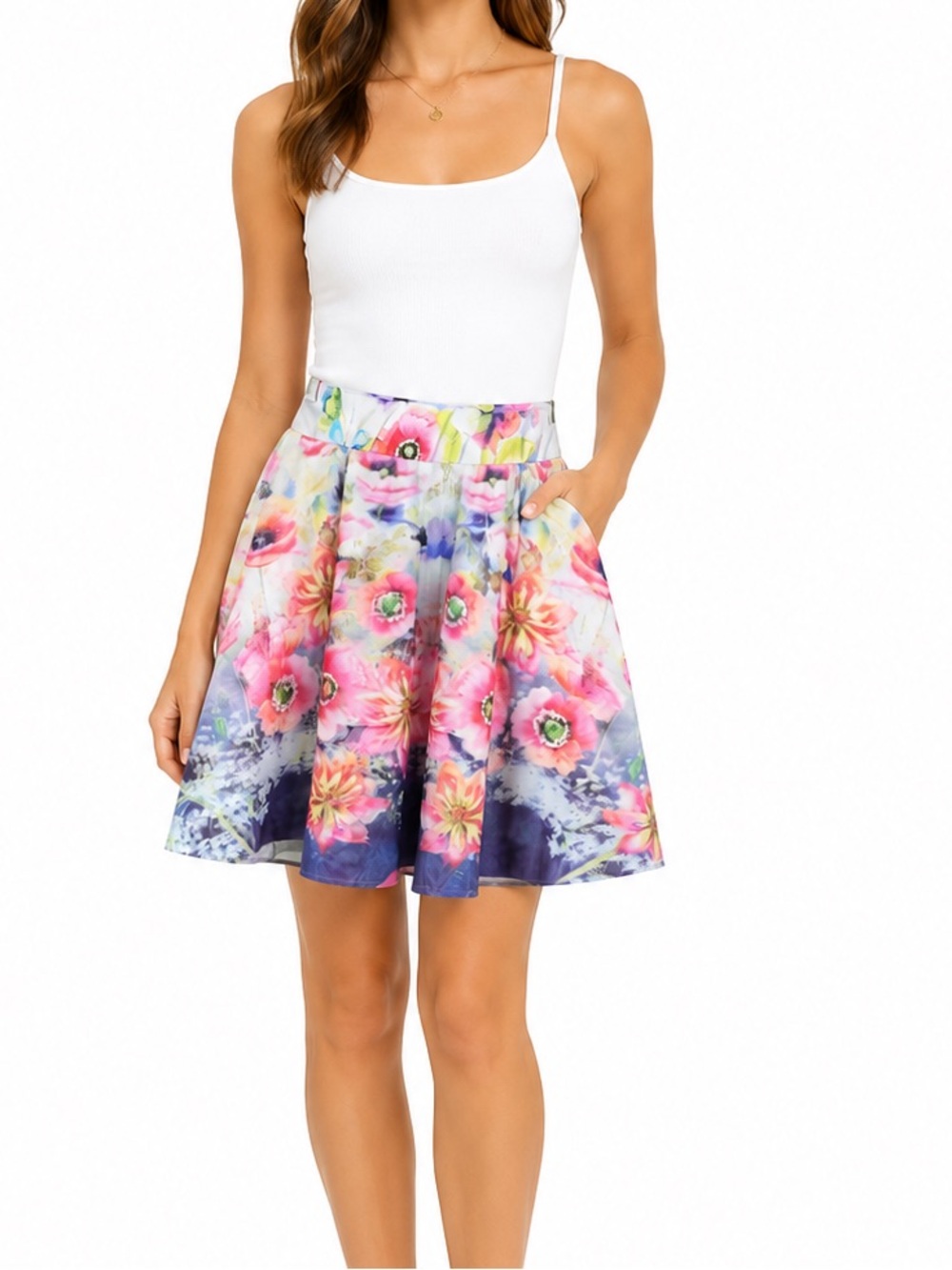 Rue21 Floral Skater Skirt Pink Blue Watercolor Print size small